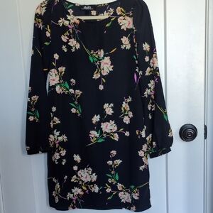 Lulu's Navy Long Sleeve Floral Shift Dress with Pink and Green